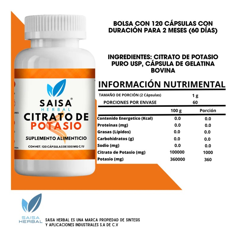 Citrato De Potasio Bote Con 120 Cpsulas Sin Sabor