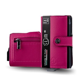 SLim Wallet for Men and Women, Smart Wallet Card Case with Coin Compartment and RFID Protection, Wallet Made in Italy, Tumbled Fuchsia, Modern