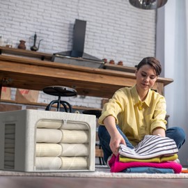 6 Pack Clothes Storage Bins with Metal Frame 100L Foldable Storage Bins for Clothes Linen Fabric Storage Box with Clear Window (Lvory White, 23.6x16.5x15.7inch(100L))