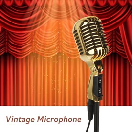 Retro Vintage Microphone, Professional Dynamic Studio Recording Microphone for Singing, Vocal Cardioid Mic for Karaoke Theater Stage Live Gigs, Metal Prop, XLR Cable Compatible (Gold)