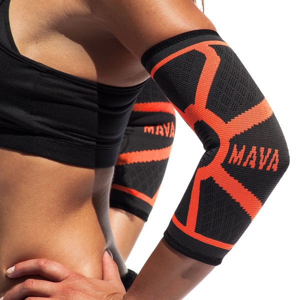 Mava Sports Elbow Compression Sleeve Support for Weightlifting, Pain Recovery, Tendonitis, Gym Workouts and Arthritis - Made with Strong Elastic Fabric Material for Men and Women (Orange, Large)