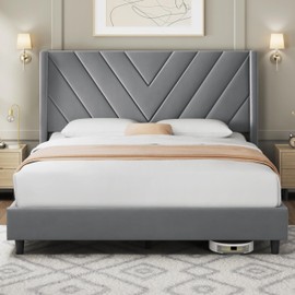 Yaheetech Queen Bed Frame Upholstered Platform Bed with Wing Side/Wooden Slat Support/Tufted Headboard with Wing Side/Mattress Foundation/No Box Spring Needed,Light Grey Queen Bed