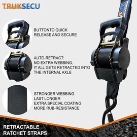 TRUKSECU Retractable Ratchet Straps, 2 Inch x 10 Feet, 4400 lbs Breaking Strength, Heavy Duty Tie Down Set with Storage Bag, 2 Pack, Black