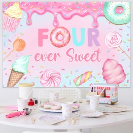5x3ft Four Ever Sweet Birthday Backdrop Ice Cream Donut Birthday Party Backdrop Pink Donuts Fourth Birthday Party Banner Decorations for Princess Kids Girl Four Year Old Birthday Party Decor Supplies