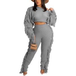 Angsuttc Angsuttc Fringe Set Women 2 Piece Outfit Knit Tassels Cropped Sweater Sweatpants Sweat Sets Grey S