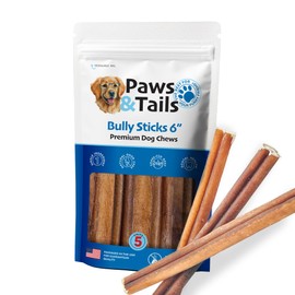 PAWS&TAILS (6 Inch, 20 Sticks All Natural Premium Bully Sticks for Dogs – Premium Odor-Free Beef Chews, High-Protein, Fully Digestible Dental Treats, Packaged in USA, Suitable for All Breeds.