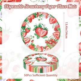 Strawberry Paper Placemats Disposable 50 Pack Summer Red Berry Placemats 13.4 Inch Strawberry Flower Place Mats Round Decorative Seasonal Fruit Table Mats for Berry Sweet Baby Shower Birthday Party