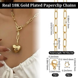 Beebeecraft 6.6 Feet/2M Real 18K Gold Plated Brass Paperclip Chain Bulk Metal Long Rectangle Pull Extension Connector Link Chains with Lobster Clasps Jump Rings for Jewelry Making Necklace DIY Crafts