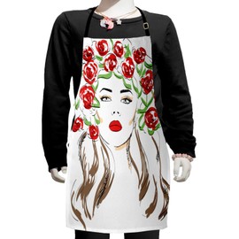 Ambesonne Flower Apron, Hand Drawn Lady with Roses on Her Hair Floral Ornamentals Natural Artwork Theme, Small Apron Bib with Adjustable Ties for Baking Painting, Small Size, Green Red Tan