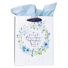 Christian Art Gifts Blue Floral Gift Bag Set | A Sweet Friendship - Proverbs 27:9 Bible Verse | Medium Gift Bag with Tissue Paper for Women