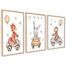 ag.art deco Set of 3 Posters for Children's Room, 3 Pieces, A3, 30 x 40 cm, Fox Bear, Rabbit, Baby Room, Girls and Boys, Picture Set, Poster Forest Animals, without Frame