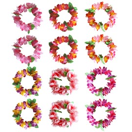Hawaiian Leis Luau Tropical Headband Flower Crown Wreath Headpiece Wristbands Women Girls Floral Necklace Bracelets Hair Band For Summer Beach Vacation Pool Party Decorations Favors Supplies 12 Pack