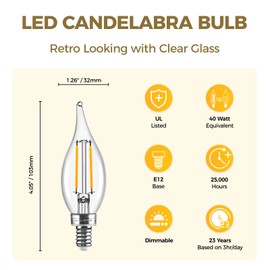 Hizashi E12 Candelabra Bulbs 40 watt Equivalent, 90+ CRI E12 LED Bulb Dimmable Flame Tip Chandelier Light Bulbs, 4W 450LM 2700K Soft Warm White, CA10, UL Listed,12 Pack
