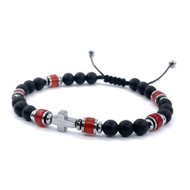 Handcrafted Hematite Cross Bracelet with Onyx and Red Agat Stones - Unique Men's Jewelry with Meticulous Detailing (Red Agate)