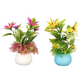 2pcs Artificial Aquarium Plants Silicone Flowers Reusable Resin Pots Fish Tank Flowers Ornaments for Household Office