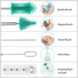 Gzummer Electric Bottle Brush Cleaner Set with Drying Rack, Rechargable Baby Bottle Brush with Silicone Nipple & Straw Brush and Milk Mixer, Waterproof Bottle Cleaning Kit Tool for Newmom