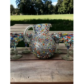 Handblown Mexican Glassware Set | 7-Piece Margarita Glasses and Textured Pitcher