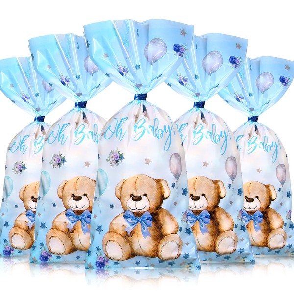 Pajean 100 Pack Bear Baby Shower Treat Bags Blue Teddy Cellophane Candy Plastic Goodie Gift with Pcs Metallic Twist Ties for Gender Reveal Birthday Party Favors