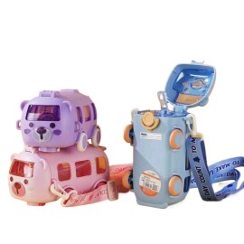 Unbranded Cute School Bus Water Bottle Toy Portable Outdoor Sports with Straw for Students - Lavender, 500ml/16.91oz