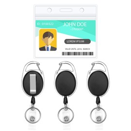 Heavy Duty Retractable Badge Holders with Carabiner Reel Clip and Extra Thick Clear Name Tag ID Card Holders,1Pcs Horizontal Waterproof Card Protector+3 Extra Key Chain Carabiner