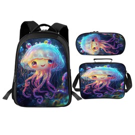 Trimety Cute Jellyfish Backpack Set 3 Piece School Bags and Lunch Box with Pencil Case Blue Ocean Jellyfish Bookbag Set for Toddler Kids Girls Boys Teens Kindergarten Elementary Middle