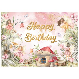 XEYSM 6X4FT Flower Fairy Happy Birthday Backdrop Pink Birthday Backdrop for Girl Baby Shower Mushroom House Butterfly Fairy Tale Theme Birthday Party Decorations Photo Studio Props XY43