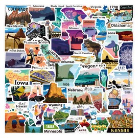 United States Map Stickers, 50Pcs Funimost Travel USA Waterproof Vinyl Stickers for Water Bottles Laptop Computer Phone Scrapbook, Map States Decals for Kids Teens, Teacher Sticker