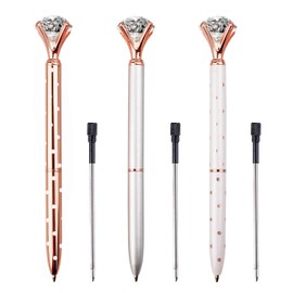 LONGKEY 3PCS Big Crystal Diamond Ballpoint Pen Bling Metal Ballpoint PenOffices and schools, silver/White With Polka Dots/Rose Gold With Polka Dots, Includes 3 Pen Refills