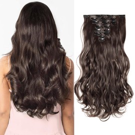 SEGOHAIR Hair Extensions Clip in 8Pcs 18 Clips Synthetic Fiber Seamless Clip in Hair Extensions, 17" Long Curl Clip in Hair Extensions Full Head -Dark Brown