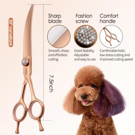 FOGOSP Rose Gold Titanium Curved Dog Grooming Scissors Reverse 7.5'' Downward 30° with Jewelled Screw Japan 440C Professional Pet Grooming Trimming Shears for Dogs Suzhi Teddy(7.5,Curved)
