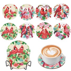 Skyboda 8 PCS Diamond Painting Coasters Kits, DIY Diamond Art Bird Coasters with Holder, Diamond Coasters Crafts for Adult,Beginner Diamond Art Crafts Supplies (Valentine's Day)