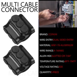 Copkim 5 Pack 3 Port Insulated Wire Connectors Black Multi Aluminum Inline Splice Tap Connector Pre-Filled Oxide Inhibitor Dual Sided Entry for Residential Wiring Applications, Ul Listed (4-14 AWG)
