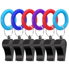 Sport Whistle with Bracelet 6Pcs Loud Clear Plastic Whistles with Stretchable Coil Wrist Keychain Ring for Coaches Referees School Soccer Birthday Party Gift Survival Emergency Training (Black)