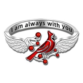 SUPAC Red Cardinal Wing Ring, Silver-Plated 'I Am Always with You' Inspirational Message, Adjustable - Christmas, Party, or Birthday Gift