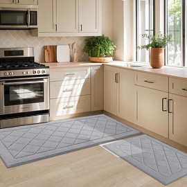 Non-Slip Kitchen Rugs, Self Adhesive No Sliding Kitchen Mats Set of 2, Soft Washable Absorbent Floor Mats for Area Rug, Kitchen, Entrance, Bathroom, Laundry Room, Bedroom, 24”x35”+24”x60”, Light Grey