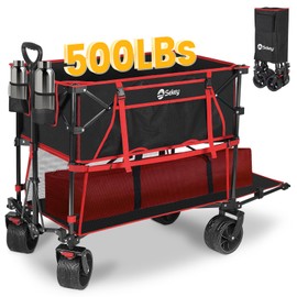 400L Large Capacity Folding Double Decker Wagon with Brakes, 50" Extra Long Extender Cart, 500lbs Heavy Duty Collapsible Wagons, All-Terrain Big Wheels for Camping, Sports, Shopping. Red&Black