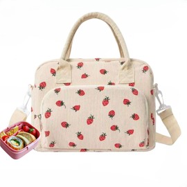 Lunch Bag For Women Men Adult Reusable Lunch Box Large Capacity,Corduroy Lunch Tote Bags,Leakproof Cooler Cute Lunch Bag With Shoulder Strap For Work Picnic (Strawberry)