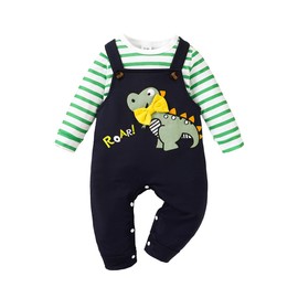 UUAISSO Baby Clothes for Boys Long Sleeve Striped Top Dinosaur Print Jumpsuit Adjustable Suspenders, Green