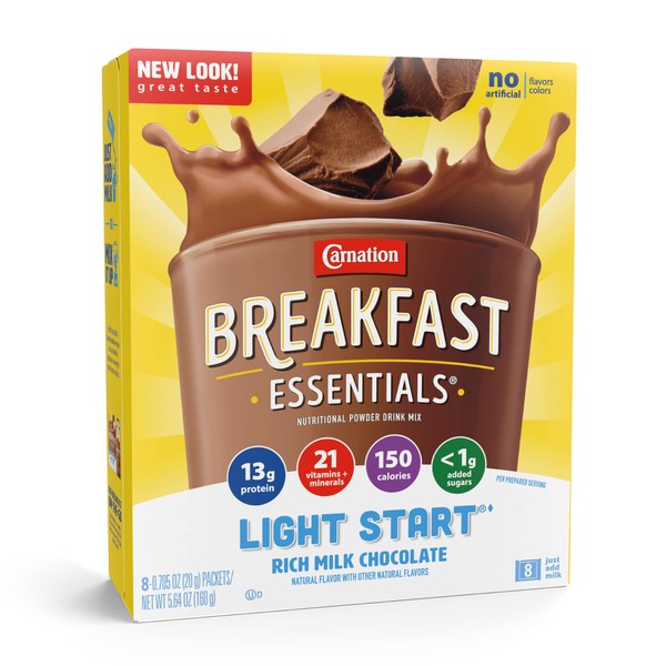 Carnation Breakfast Essentials Light Start Nutritional Powder Drink Mix, Rich Milk Chocolate, 8 Count Box of 0.705 oz Packets (Pack of 8 Boxes)