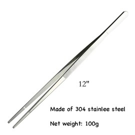 2Pcs 12" Fine Long Tweezer Tongs, Professional Cocktail Garnish Tools, 304 Stainless Steel for Kitchen, Food, Cooking (Stainless Steel 2PCS)