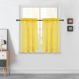 Yellow Short Sheer Kitchen Curtains 36 inch Length Tier Curtains Rod Pocket Sheers Cafe Curtains Linen Like Privacy Semi Sheer Drapes Half Window Curtain for Basement Bathroom Small Windows 34X36 Inch