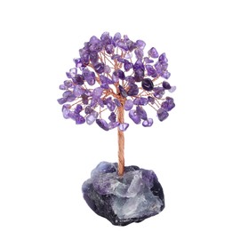 GEHECRST Feng Shui Money Tree Gemstone Tree Decoration with Fluorite Base Wire Wrap Tumbled Stones Tree of Life Lucky Tree Decoration Living Room Table Office (Amethyst)