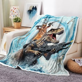 Funny Cat Throw for Kids, Cute Cool Cat Riding Dinosaur on Blue Ocean Fleece Throw Blanket Cozy Soft Lightweight Couch Sofa Bed,Blue Blankets Bedding Decor for Girls Boys Teens Cute Throw Blanket