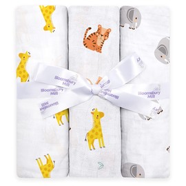 Bloomsbury Mill - Pack of 3 – Muslin Cloth for Baby Swaddles - 100% Pure Organic Cotton Muslin Baby Blankets in Gift Box – Baby Essentials for Newborn – Jungle Animal Cubs - 120cm x 120cm