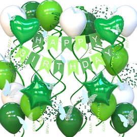 UOMYLEIR Green Birthday Decorations, Happy Birthday Banner for Kids, Glitter Hanging with Butterfly, Birthday Bunting Banner with Balloons