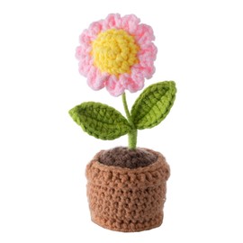 Handmade Crochet Flowers, Small Potted Plants, Knitted Desk Decorations for Home Office Decor, 5 Inches Pink Artificial Flower (Sunflower)