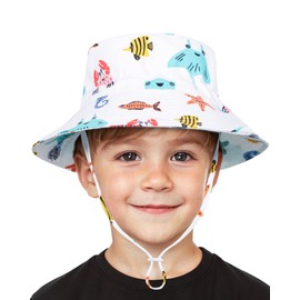 Baby Sun Hat UPF 50+ Sun Protection Hats Toddler Bucket Hat Kids Summer Beach Hats Wide Brim Outdoor Play Hat for Boys Girls White Fish 12-24 Months