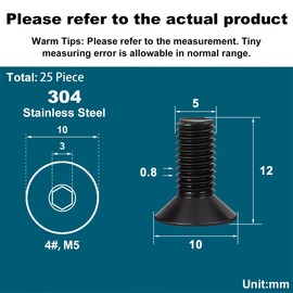 Drenky Countersunk Screws Black M5 x 12 mm Stainless Steel V2A VA A2 Countersunk Head Screws DIN 7991 / ISO 10642 Threaded Screws Rustproof Socket Screws Metric Standard Thread Pack of 25