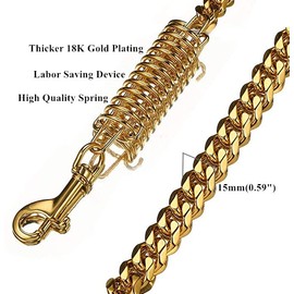 RUMYPET Gold Dog Chain Leash 15mm Cuban Link Chain Leash with Strong Buffer Spring No-Pull Labor-Saving Genuine Leather Handle Leash for Large Dogs 2ft/3ft/4ft(15mm,2ft)