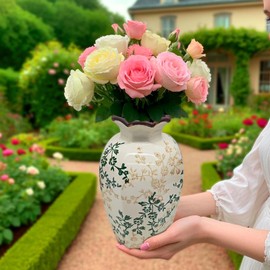 White & Green Chinoiserie Vintage Ceramic Flower Vase with Ruffled Rim - Curvy Body Farmhouse Decor for Shelf, Console Table, Grand Millennial Floral Display | 9.1inch